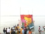 21 ft long & 15 ft wide Chhath puja painting by artists&students displayed on river Ganga in Patna, Bihar.