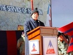 Defence minister Rajnath Singh addressing the gathering after inaugurating the 75 BRO infrastructure projects, at an event, in Ladakh on Friday. (ANI Photo)