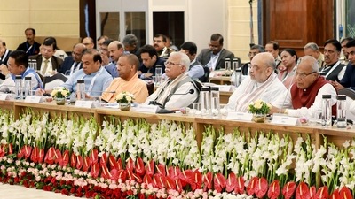 Union Home Minister Amit Shah with Uttar Pradesh Chief Minister Yogi Adityanath, Assam Chief Minister Himanta Biswa Sarma, Goa Chief Minister Pramod Sawant, Manipur Chief Minister N. Biren Singh attend the Chintan Shivir of Home Ministers of states in Haryana, on Friday. Prime Minister Narendra Modi addressed the Chintan Shivir via video conferencing. (Amit Shah Twitter) Union Home Minister Amit Shah with Uttar Pradesh Chief Minister Yogi Adityanath, Assam Chief Minister Himanta Biswa Sarma, Goa Chief Minister Pramod Sawant, Manipur Chief Minister N. Biren Singh attend the Chintan Shivir of Home Ministers of states in Haryana, on Friday. Prime Minister Narendra Modi addressed the Chintan Shivir via video conferencing. (Amit Shah Twitter)