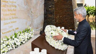 External affairs minister S Jaishankar pays tribute to 26/11 victims. (PTI) External affairs minister S Jaishankar pays tribute to 26/11 victims. (PTI)