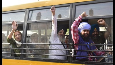Sikh pilgrims leave for Pakistan to observe the centenary of Saka Panja Sahib, Amritsar, India, on Friday. (Sameer Sehgal/HT) Sikh pilgrims leave for Pakistan to observe the centenary of Saka Panja Sahib, Amritsar, India, on Friday. (Sameer Sehgal/HT)