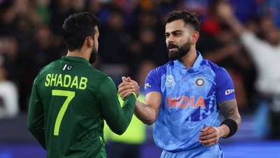 India's Virat Kohli shakes hands with Pakistan's Shadab Khan following the T20 World Cup cricket match (AP) India's Virat Kohli shakes hands with Pakistan's Shadab Khan following the T20 World Cup cricket match (AP)