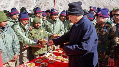 Defence minister Rajnath Singh during an event organised by BRO for the inauguration of 75 infrastructure projects in Ladakh on Friday. (PTI)