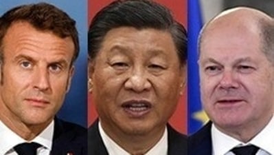 French President Emmanuel Macron, Chinese President Xi Jinping, and German Chancellor Olaf Scholz (Left to Right).