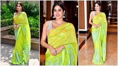 Janhvi Kapoor wore this beautiful saree to a promotional event of her upcoming film Mili. (HT Photo/Varinder Chawla) Janhvi Kapoor wore this beautiful saree to a promotional event of her upcoming film Mili. (HT Photo/Varinder Chawla)