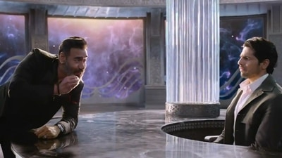 Ajay Devgn and Sidharth Malhotra in a still from Thank God. Ajay Devgn and Sidharth Malhotra in a still from Thank God.