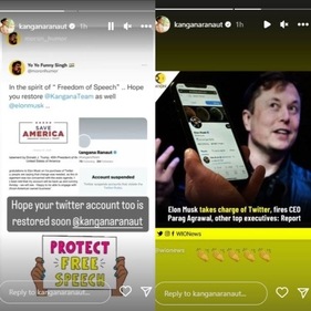 Kangana also re-shared a fan's post in which he asked Elon Musk to restore the actor's account. Kangana also re-shared a fan's post in which he asked Elon Musk to restore the actor's account.