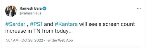 Ramesh Bala took to Twitter on Friday to reveal that screens have been increased for Ponniyin Selvan in Tamil Nadu.