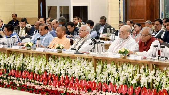 Union Home Minister Amit Shah with Uttar Pradesh Chief Minister Yogi Adityanath, Assam Chief Minister Himanta Biswa Sarma, Goa Chief Minister Pramod Sawant, Manipur Chief Minister N. Biren Singh attend the Chintan Shivir of Home Ministers of states in Haryana, on Friday. Prime Minister Narendra Modi addressed the Chintan Shivir via video conferencing. (Amit Shah Twitter) Union Home Minister Amit Shah with Uttar Pradesh Chief Minister Yogi Adityanath, Assam Chief Minister Himanta Biswa Sarma, Goa Chief Minister Pramod Sawant, Manipur Chief Minister N. Biren Singh attend the Chintan Shivir of Home Ministers of states in Haryana, on Friday. Prime Minister Narendra Modi addressed the Chintan Shivir via video conferencing. (Amit Shah Twitter)