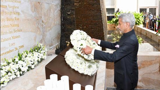 External affairs minister S Jaishankar lays a wreath at the 26/11 Memorial, in Mumbai on Friday. (ANI)