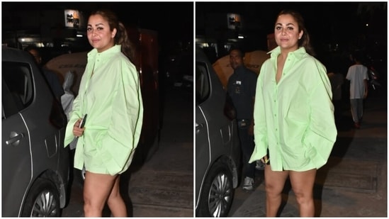 Amrita Arora serves date-night fashion tips in oversized shirt and mini shorts. (HT Photo/Varinder Chawla)