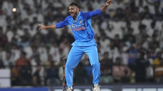 India's Axar Patel appeals unsucessfully for the wicket of an Australian batsman during the second T20 cricket match between India and Australia, in Nagpur, India, Friday, Sept. 23, 2022. (AP Photo/Rafiq Maqbool)(AP)