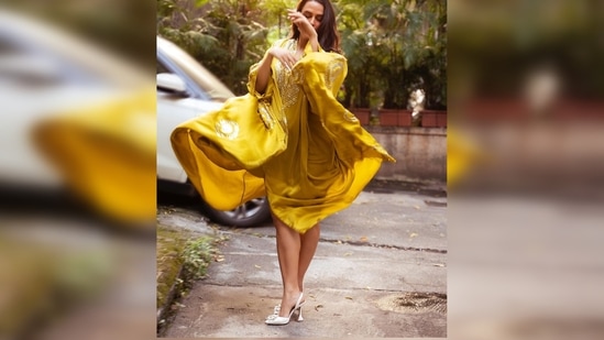 Neha Dhupia's kaftan features bead work distrbuted all over the kaftan with a v-neck.(Instagram/@nehadhupia)