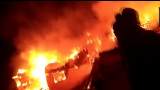 In a video tweeted by news agency ANI, the area was seen engulfed in flames with houses that had reduced to wrecks fuelling the fire. (ANI videograb)