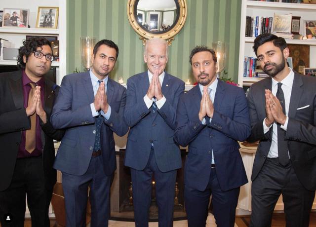 With fellow Southeast Asian-origin comedians, Hari Kondabolu, Aasif Mandvi & Hasan Mihaj at the United States Naval Observatory with US President Joe Biden (nstagram/@kalpenn)