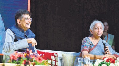 Union finance minister Nirmala Sitharaman speaks during interaction with students of design technology as Union minister for commerce and industry Piyush Goyal looks on, in Hyderabad on Saturday. (ANI)