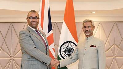 External affairs minister Dr S Jaishankar with UK foreign secretary James Cleverly on his first visit to India on the sidelines of the United Nations Security Council special meeting of the Counter-Terrorism Committee, in New Delhi on Saturday. (ANI)