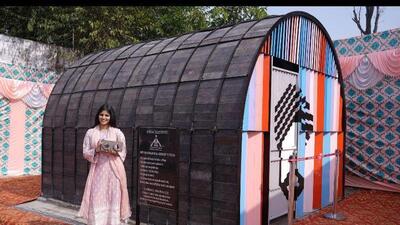 Ruhani Verma with the toilet constructed with recyclable material at Sri Guru Ram Dass Jee International Airport in Amritsar. (HT Photo) Ruhani Verma with the toilet constructed with recyclable material at Sri Guru Ram Dass Jee International Airport in Amritsar. (HT Photo)