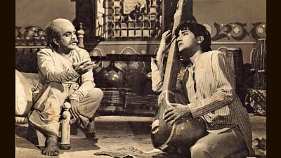 A tousled-haired Bharat Bhushan as Baiju Bawra; Surendra as Tansen, in the original. A tousled-haired Bharat Bhushan as Baiju Bawra; Surendra as Tansen, in the original.