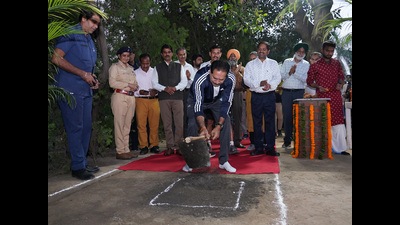 UT adviser Dharam Pal launched work for the synthetic track with a ground-breaking ceremony on Saturday. (HT Photo)