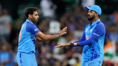 India's Bhuvneshwar Kumar, left, is congratulated by a teammate KL Rahul (AP) India's Bhuvneshwar Kumar, left, is congratulated by a teammate KL Rahul (AP)