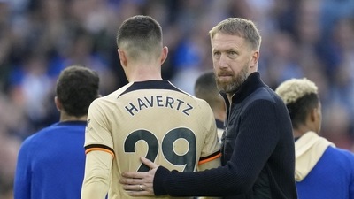 Chelsea's head coach Graham Potter, right, pats Chelsea's Kai Havertz after their loss in the Premier League match against Brighton and Hove Albion (AP) Chelsea's head coach Graham Potter, right, pats Chelsea's Kai Havertz after their loss in the Premier League match against Brighton and Hove Albion (AP)