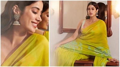 Janhvi Kapoor earlier stepped out to promote her upcoming film Mili in a green saree paired with a sleeveless blouse. (Instagram/@janhvikapoor)