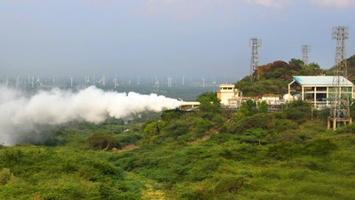 Flight acceptance hot test of a CE-20 engine. (ISRO/ Twitter) Flight acceptance hot test of a CE-20 engine. (ISRO/ Twitter)