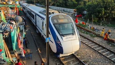The train has suffered no damage except the one at the nose cone cover of its front coach, the Indian Railways added. (PTI) The train has suffered no damage except the one at the nose cone cover of its front coach, the Indian Railways added. (PTI)