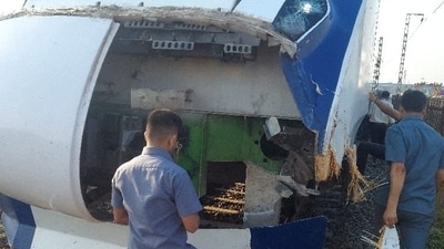 Visuals showed the damage to the nose of the Vande Bharat train. (ANI) Visuals showed the damage to the nose of the Vande Bharat train. (ANI)