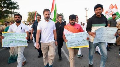 Congress leader Rahul Gandhi during the Bharat Jodo Yatra from Dharmapur in Mahabubnagar town in Telangana on Saturday. (PTI) Congress leader Rahul Gandhi during the Bharat Jodo Yatra from Dharmapur in Mahabubnagar town in Telangana on Saturday. (PTI)