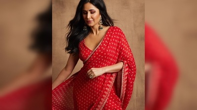 Katrina Kaif paired her desi look with green jhumkas and diamond bangles. (Instagram/@katrinakaif)