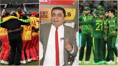 Zimbabwe players celebrate the win; the 'Fake Mr Bean'; Pakistan players during the match against Zimbabwe (Twitter/ICC)