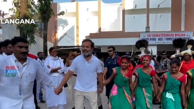 Rahul Gandhi seen dancing with members of tribal communities in Telangana. (@RahulGandhi) Rahul Gandhi seen dancing with members of tribal communities in Telangana. (@RahulGandhi)
