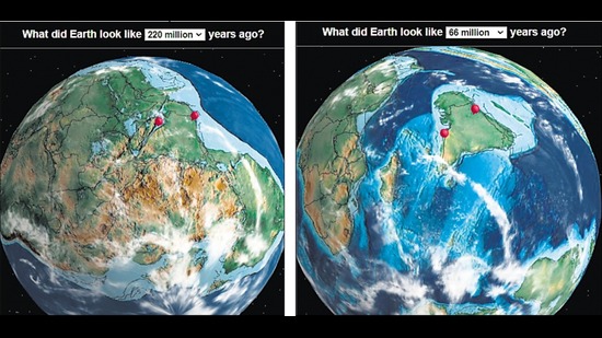 When the first dinosaurs appeared, Mumbai and Delhi were likely coastal regions (above left). By the time the dinosaurs died out, the Indian landmass was on course for its crash into Asia. (dinosaurpictures.org)