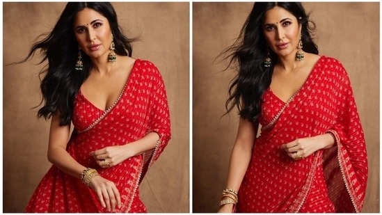 Katrina Kaif was earlier spotted attending a pre-Diwali bash in Mumbai along with her husband Vicky Kaushal. For the occasion, the Phone Bhoot actor draped a red sharara saree while Vicky complemented his wife in a dark blue sherwani.(Instagram/@katrinakaif)