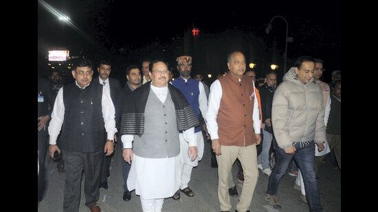 BJP National President JP Nadda with Himachal Pradesh Chief Minister Jai Ram Thakur takes a stroll at Ridge in Shimla. (PTI)