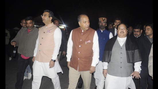 BJP National President JP Nadda with Himachal Pradesh chief minister Jai Ram Thakur takes a stroll at Ridge in Shimla on Saturday. (HT Photo) BJP National President JP Nadda with Himachal Pradesh chief minister Jai Ram Thakur takes a stroll at Ridge in Shimla on Saturday. (HT Photo)