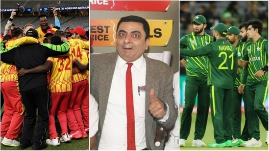 Zimbabwe players celebrate the win; the 'Fake Mr Bean'; Pakistan players during the match against Zimbabwe(Twitter/ICC)