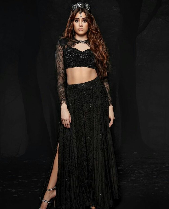 If you want to look spooky yet gorgeous then Janhvi Kapoor's black netted lehenga is an ideal Halloween inspiration.(Instagram)