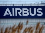 FILE PHOTO: The logo of Airbus in Montoir-de-Bretagne near Saint-Nazaire, France 