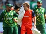 Bas de Leede, centre, leaves the field after her was hit on the face while batting during the T20 World Cup cricket match between the Netherlands and Pakistan in Perth.(AP) Bas de Leede, centre, leaves the field after her was hit on the face while batting during the T20 World Cup cricket match between the Netherlands and Pakistan in Perth.(AP)