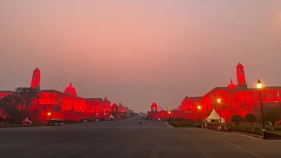North and South Block illuminated in red lights to mark October as the 'International Dyslexia Awareness Month', in New Delhi on Sunday. (ANI Photo) (ANI) North and South Block illuminated in red lights to mark October as the 'International Dyslexia Awareness Month', in New Delhi on Sunday. (ANI Photo) (ANI)