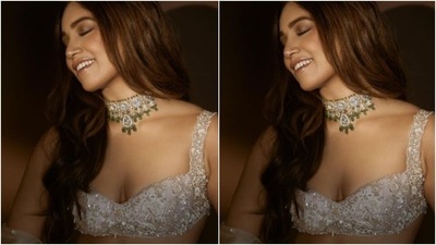 From the shelves of fashion designer Anushree Reddy, Bhumi picked a white lehenga with silver sequin details and embraced the festive season. (Instagram/@bhumipednekar) From the shelves of fashion designer Anushree Reddy, Bhumi picked a white lehenga with silver sequin details and embraced the festive season. (Instagram/@bhumipednekar)
