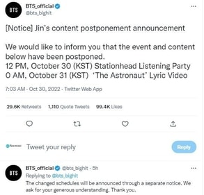 The official Twitter account of BTS shared the update in both English and Korean.
