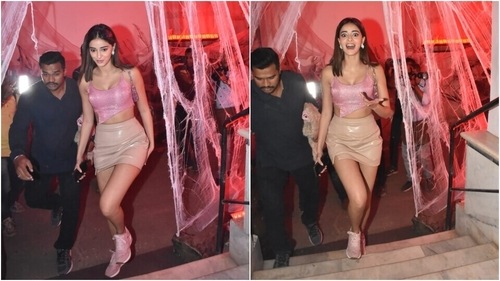 Ananya Panday looked chic in a cropped top, leather pencil skirt. ((HT Photos/Varinder Chawla)) Ananya Panday looked chic in a cropped top, leather pencil skirt. ((HT Photos/Varinder Chawla))