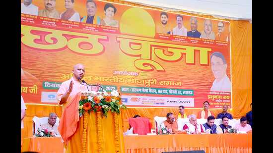 Uttar Pradesh CM Yogi Adityanath addressing devotees in Chhath Puja celebrations in Lucknow on Sunday. (Sourced)