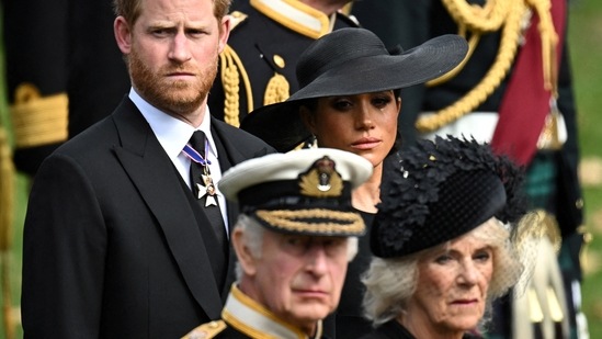 King Charles: Meghan Markle, Prince Harry, Queen Camilla and King Charles attend the state funeral of Queen Elizabeth.(Reuters)
