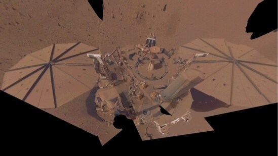 InSight spacecraft's latest selfie showing it covered in dust from a storm. (NASA/JPL-Caltech)