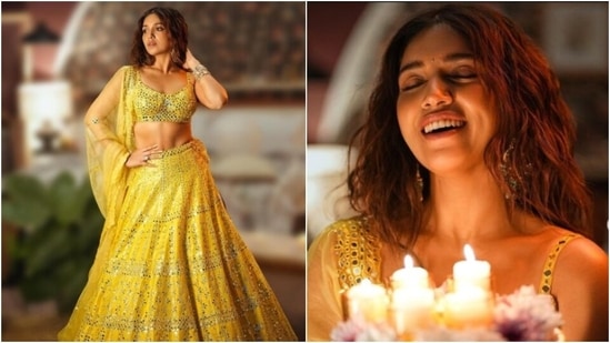 Bhumi Pednekar looking pretty in a bright yellow lehenga.(Instagram/@bhumipednekar)